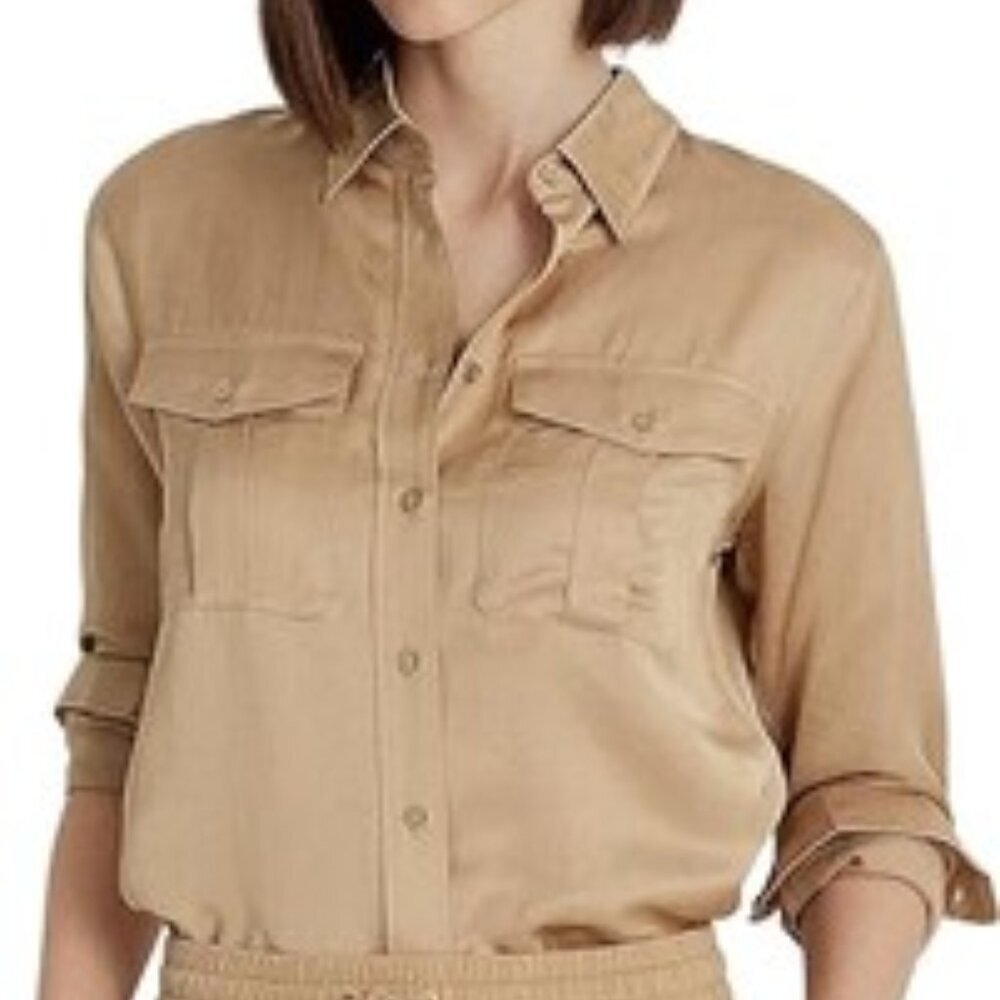 NWT Ralph Lauren Burnished Tan Satin Shantung Button Down Shirt XL